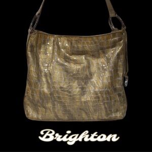 BRIGHTON Cher Patent Leather Croc-Embossed Slouchy Shoulder Bag, Dangler, Gold